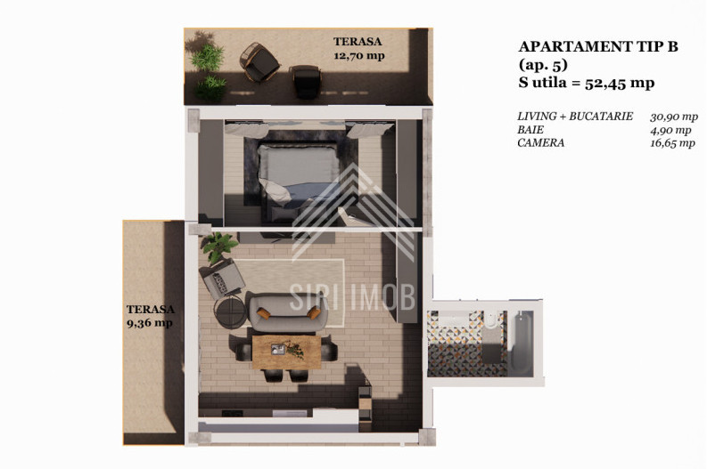 Apartament cu 2 camere si 2 terase in cartier Terra Gardens (Valea Chintaului)