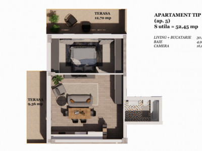 Apartament cu 2 camere si 2 terase in cartier Terra Gardens (Valea Chintaului)