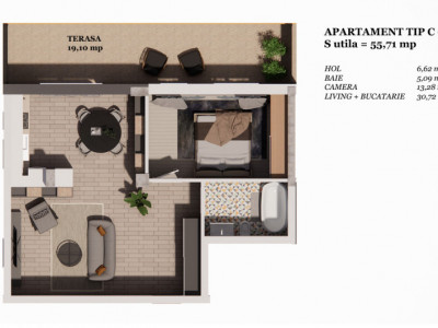 Apartament cu 2 camere si terasa generoasa in Terra Gardens (Valea Chinatului)