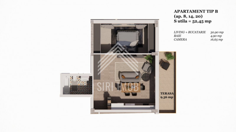  Apartament cu 2 camere si terasa generoasa in Terra Gardens (Valea Chinatului)